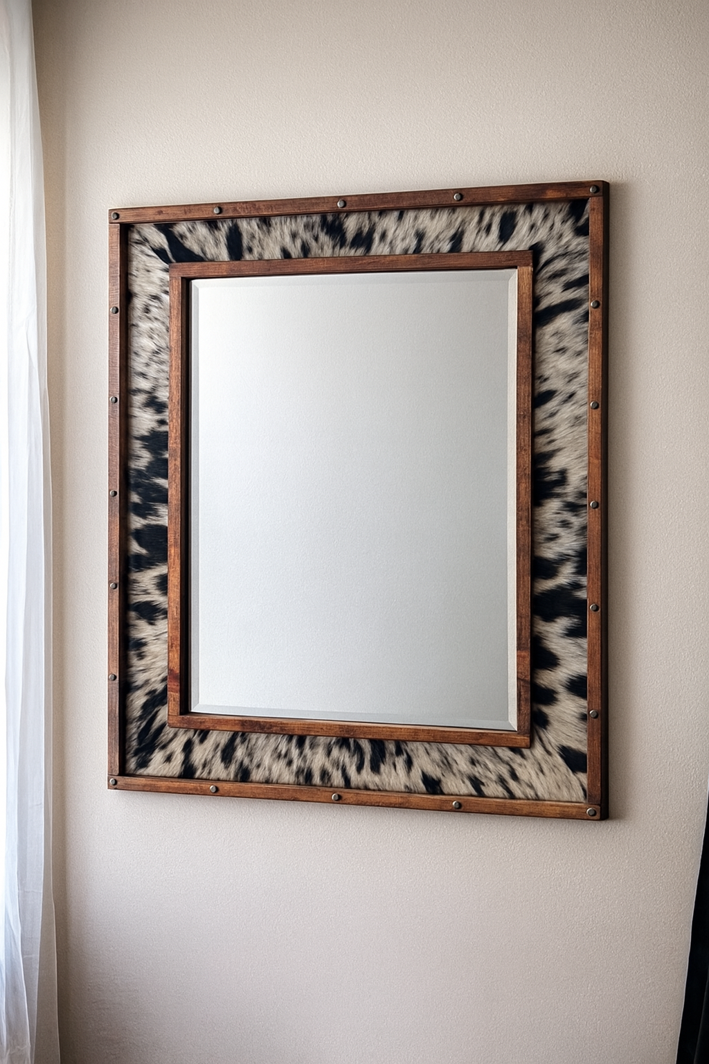 34"x30" Genuine Hide Cowhide Western Mirror | Rustic Ranch Style Wall Art