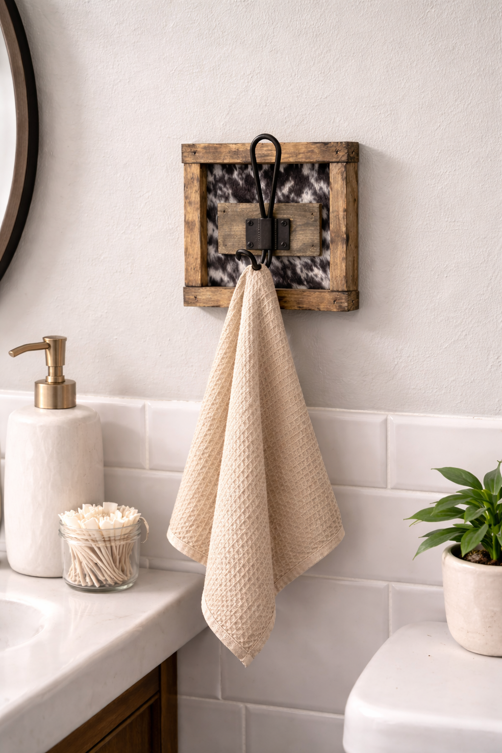 1 Hook Cow Print Rustic Wooden Coat Rack
