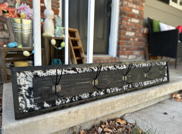 5 Hook Cow Print Rustic Wooden Coat Rack