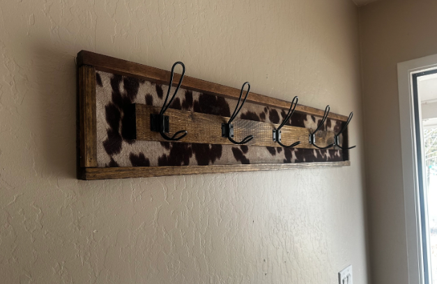 5 Hook Cow Print Rustic Wooden Coat Rack