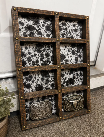 Western 8 Buckle Display Case | Cowboy Belt Buckle Holder, Cow Print