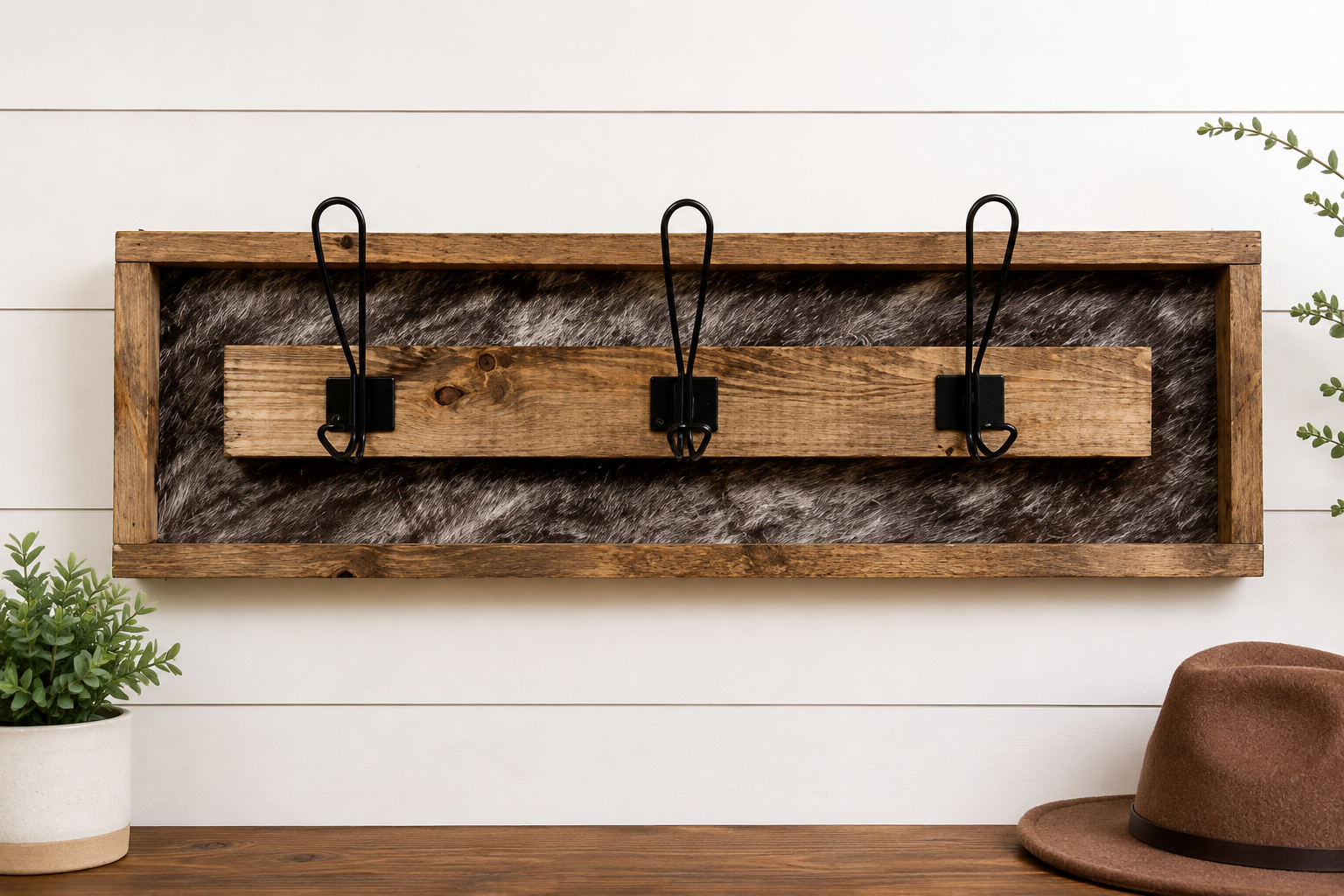3 Hook Cow Print Rustic Wooden Coat Rack