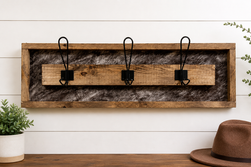 3 Hook Cow Print Rustic Wooden Coat Rack