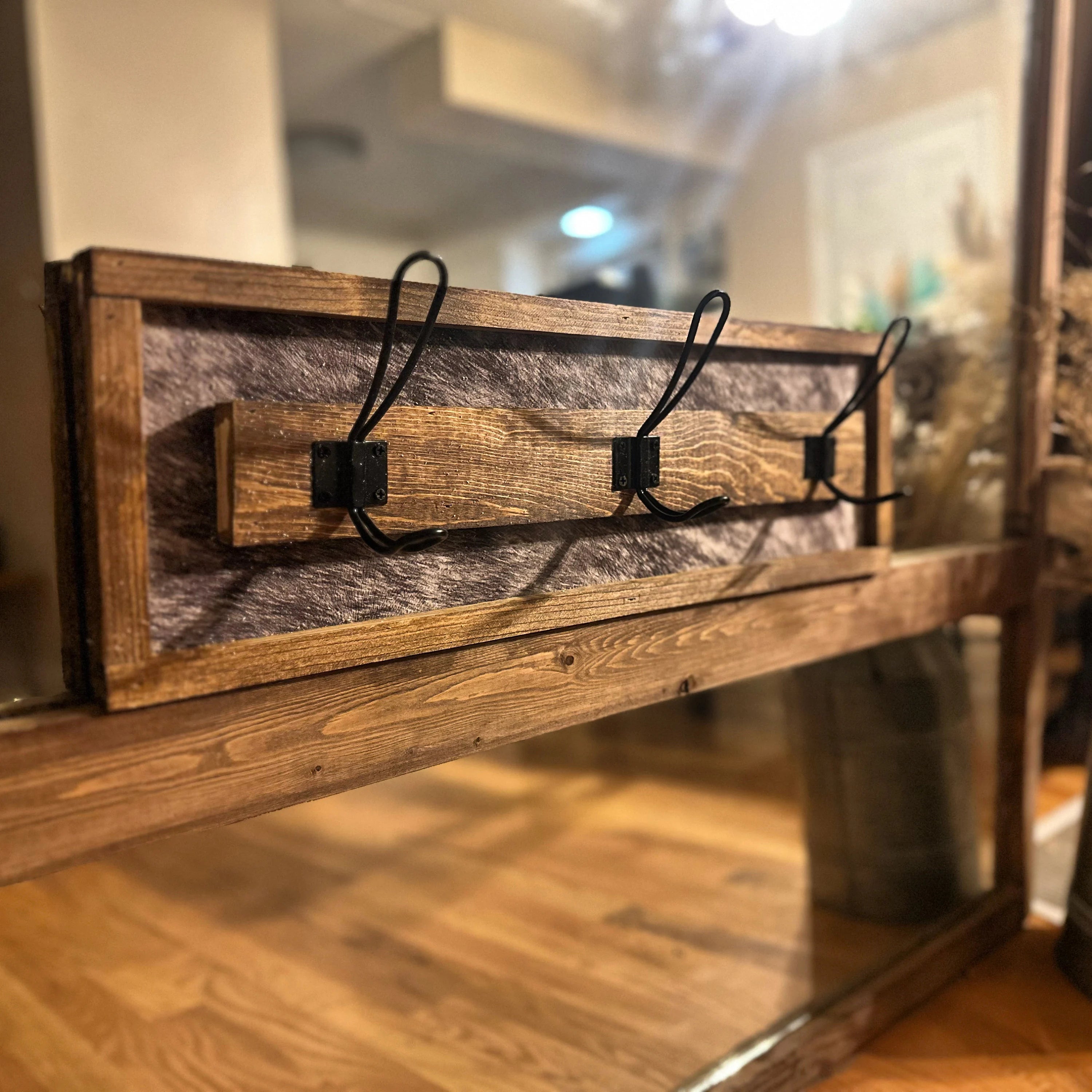 3 Hook Cow Print Rustic Wooden Coat Rack