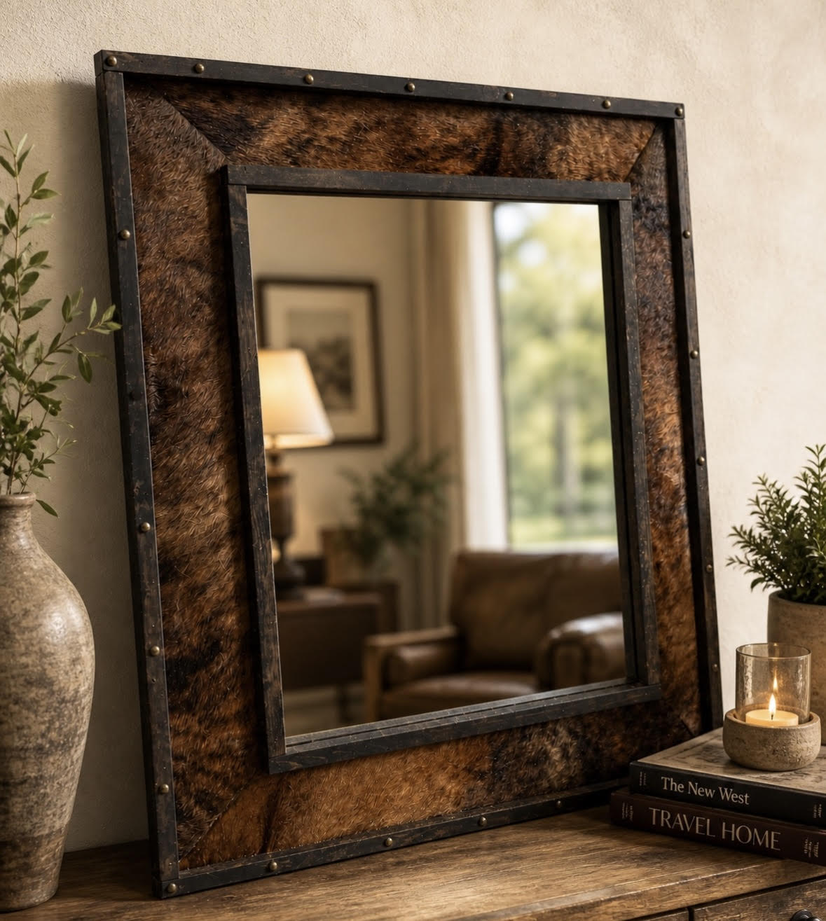 34"x30" Genuine Hide Cowhide Western Mirror | Rustic Ranch Style Wall Art